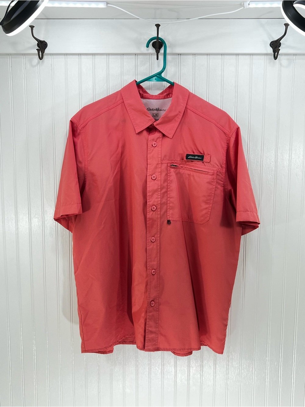 Eddie Bauer Men’s L Performance Fishing Shirt Short Sleeve Ripstop Coral